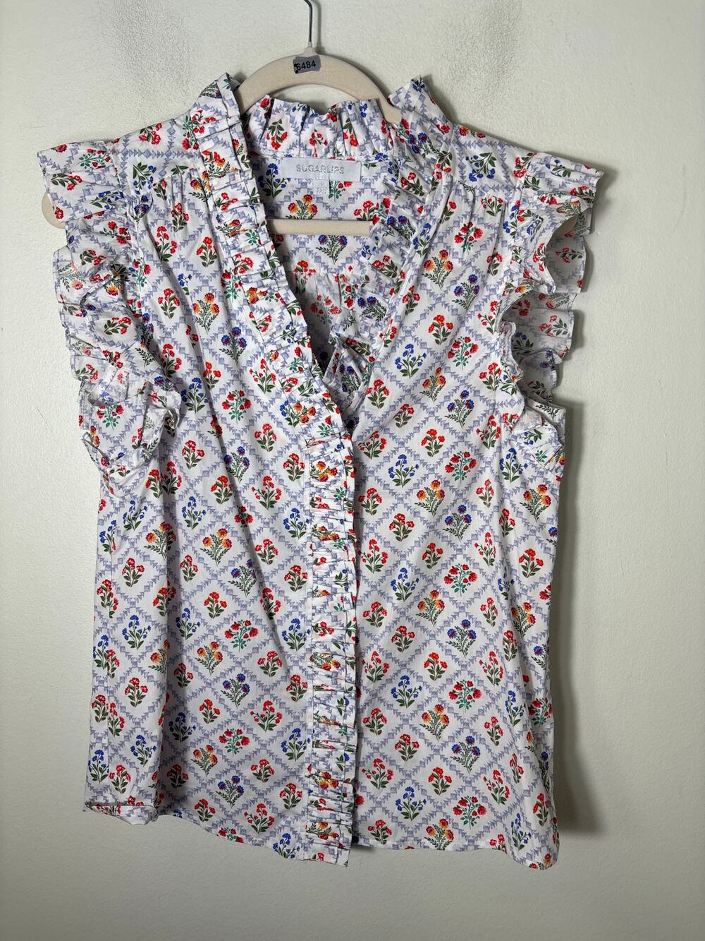 Sugar Lips Blue Floral Flutter Sleeve V-Neck Cotton Top sz S